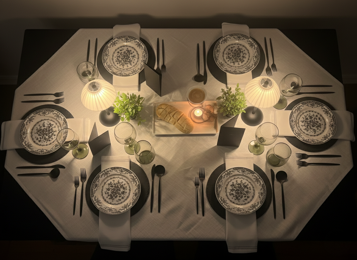 Overhead shot of a table set for dinner with black, white, and green accents.