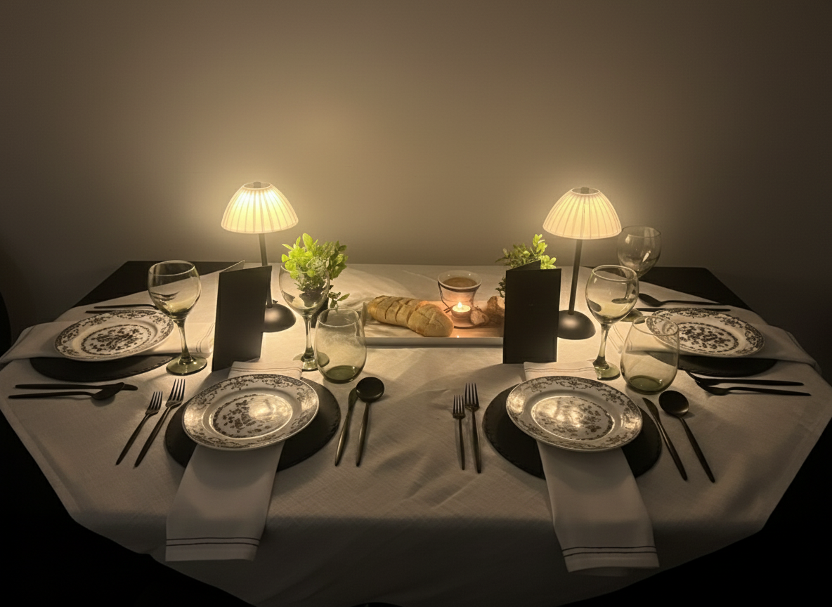 Elegant dining table set for two, illuminated by lamps and candlelight.
