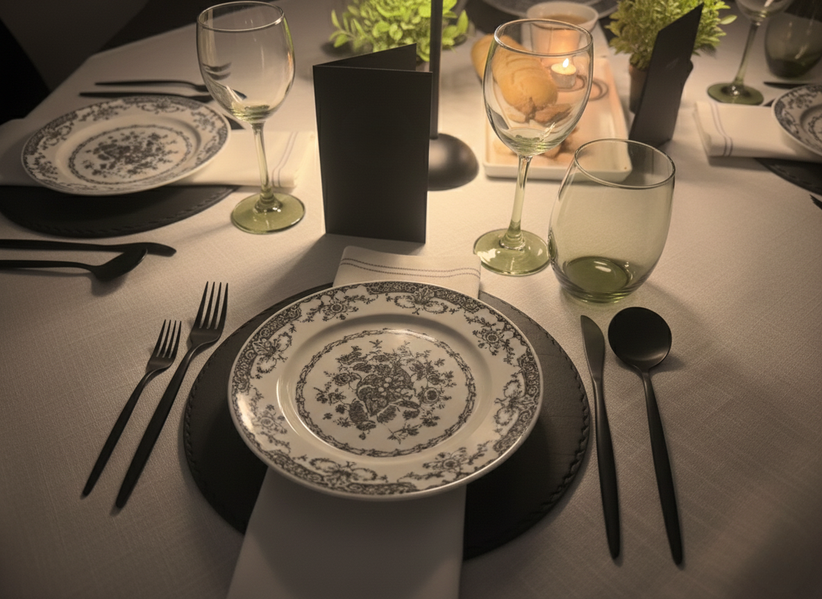 Elegant table setting with floral plates, black cutlery, glassware, and neutral tablecloth.