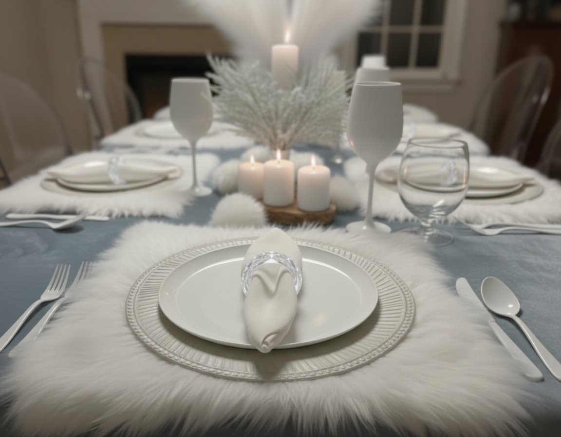 Winter-themed tablescape: white plates, faux fur placemats, candles, and silver utensils.