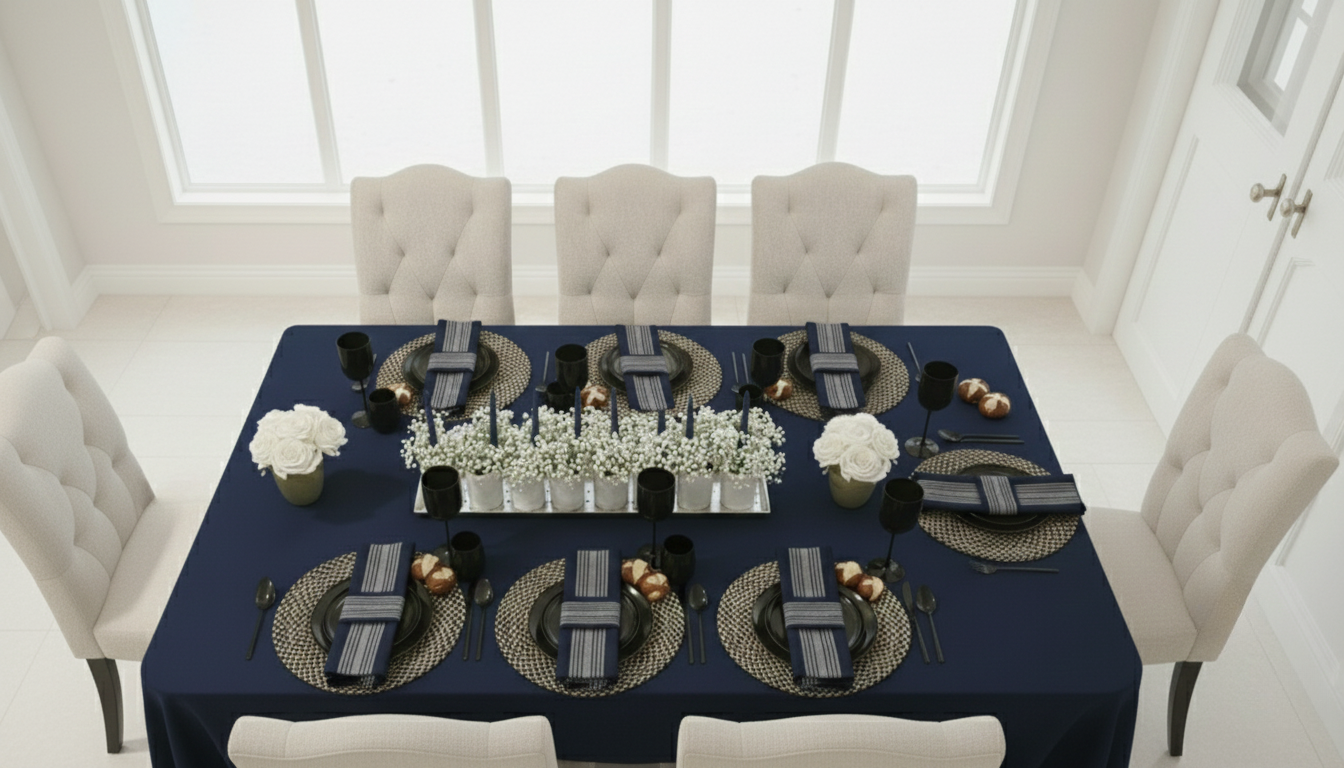 Overhead view of dining table set with navy tablecloth, beige chairs, and floral centerpiece.