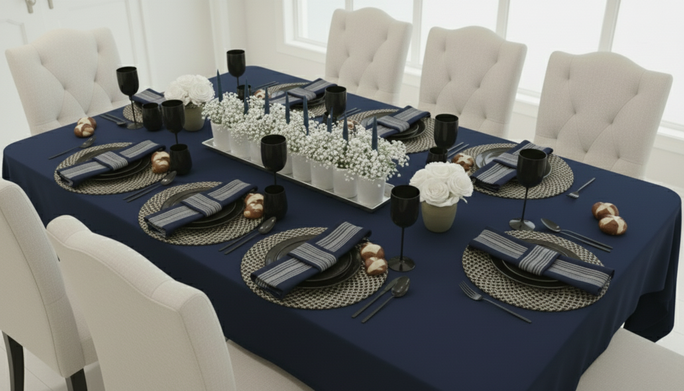 Formal dining table setting with navy tablecloth, black glassware, patterned chargers, and cream-colored chairs.