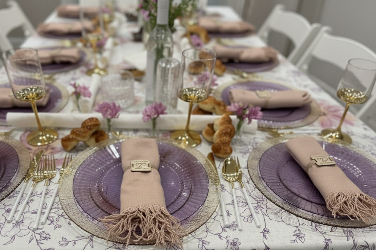Long table set with lilac plates, pink napkins, gold cutlery, and floral tablecloth.