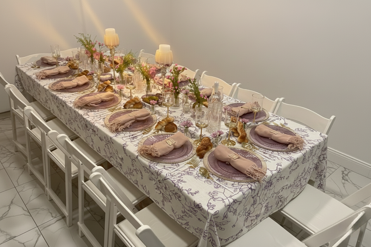 Elegant dining table set with floral tablecloth, pink plates and napkins, candles, and white chairs.