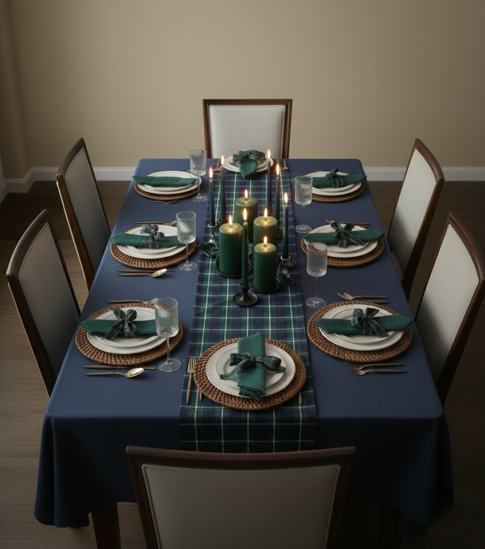 Dining table set with blue tablecloth, plaid runner, green candles, rattan chargers, and green napkins with ribbons.