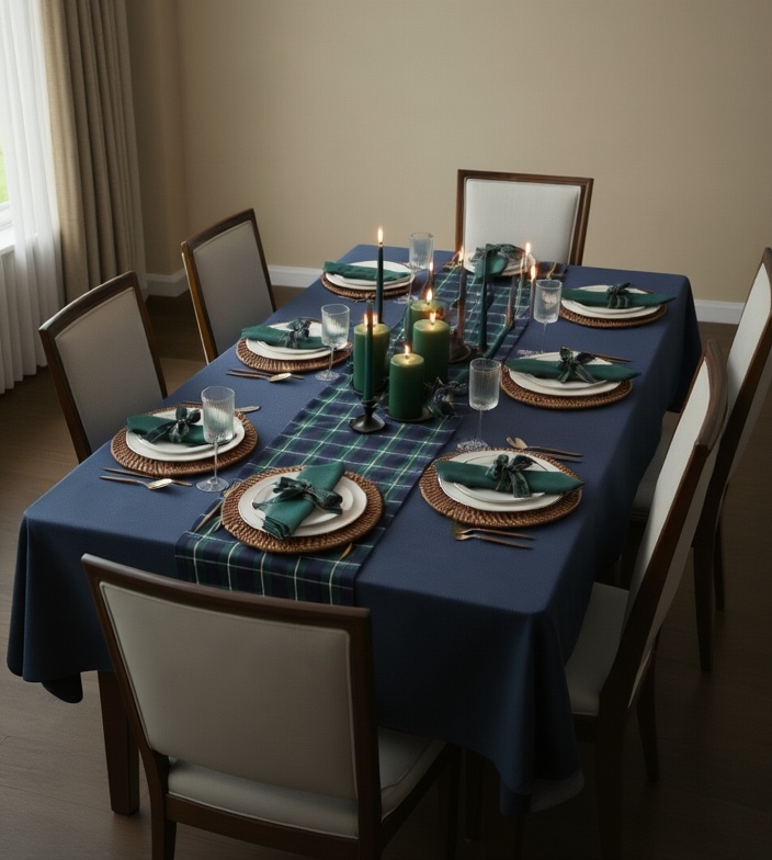 Dining table set with blue tablecloth, tartan runner, woven placemats, green napkins, candles.