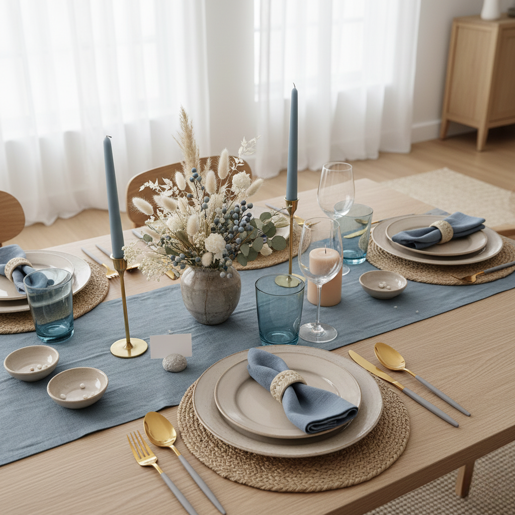 Elegant table setting with blue runner, woven mats, ceramic plates, gold cutlery, and floral centerpiece.