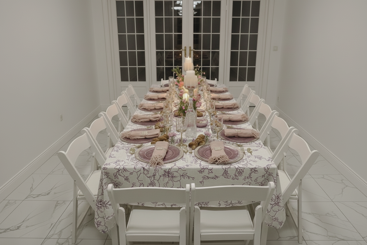 Formal dining table with floral tablecloth, pink place settings, candles, and white chairs.