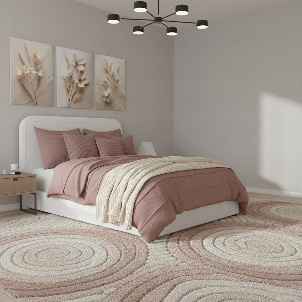 Bedroom with white bed, dusky rose bedding, floral art, and circular patterned rug.