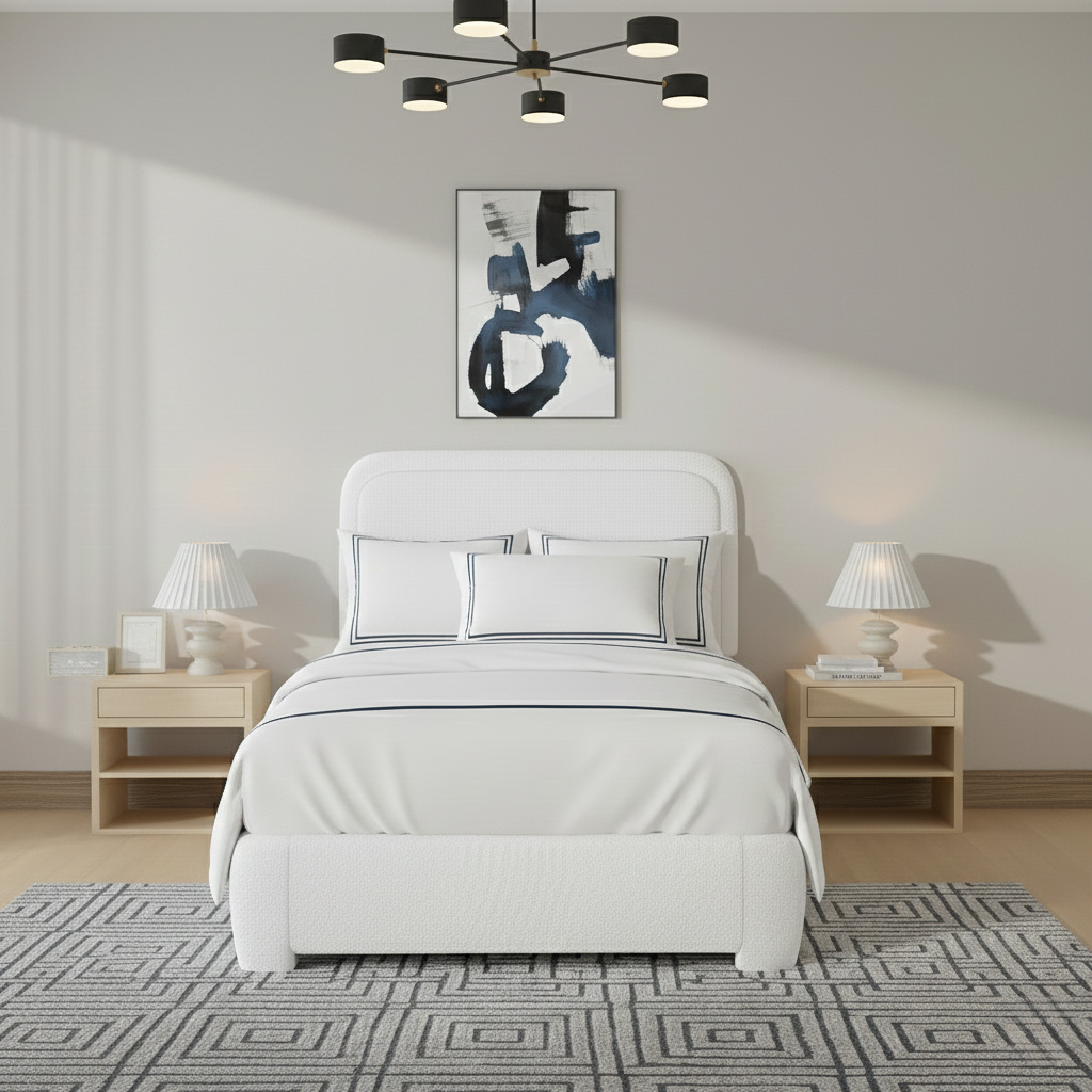 Bedroom with white bed, patterned rug, bedside tables, abstract art, and modern chandelier.