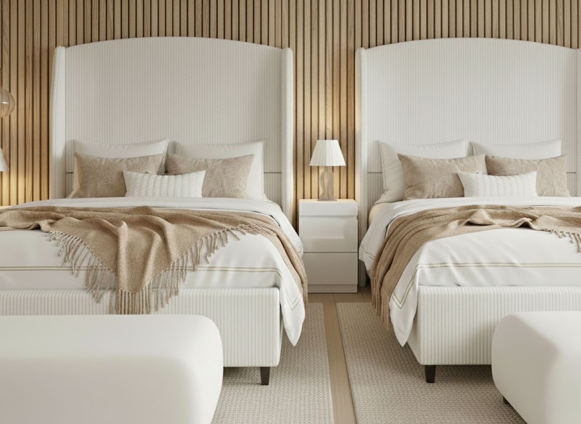 Bedroom with two twin beds, neutral color scheme, textured wood wall.