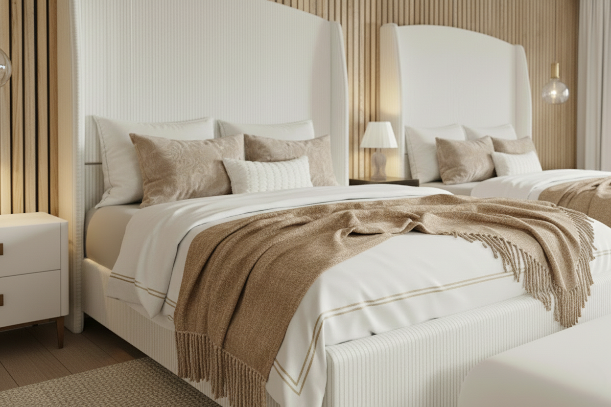Bedroom with two twin beds. White bedding, light brown throws, and textured white headboards.